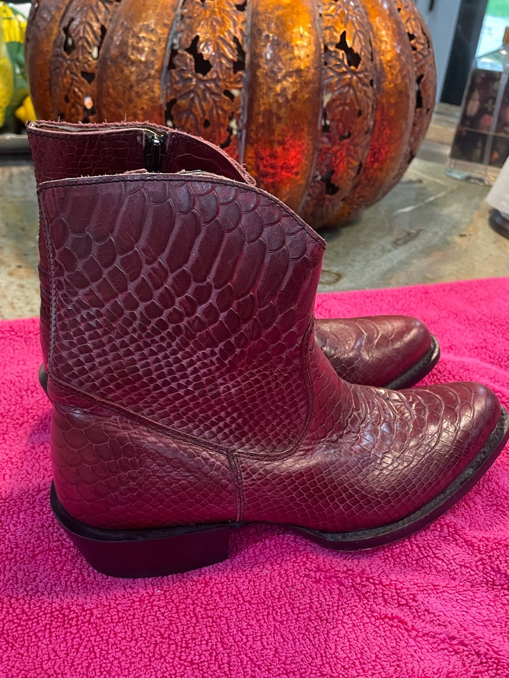 J.B. DILLON burgundy snakeskin-embossed ankle boots - 7.5